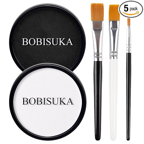BOBISUKA Black White Face Body Paint, Water Based Face Painting Kit Body Paints with Brushes, Non-Toxic Facepaint for Halloween Party Clown Joker Goth Skull SFX Makeup Costume Cosplay Stage Dress-Up - skull painting
