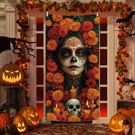 Day of The Dead Door Cover Dia De Los Muertos Backdrop Sugar Skull Marigold Design Mexican Fiesta Party Decoration