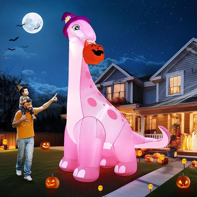 zukakii 13FT Giant Halloween Inflatables Decorations Outdoor Pink Dinosaur, Huge Halloween Blow Up Yard Decorations Dino with Large Pumpkin Witch Hat Build-in LED Light Strong Blower for Party Lawn - skull inflatable
