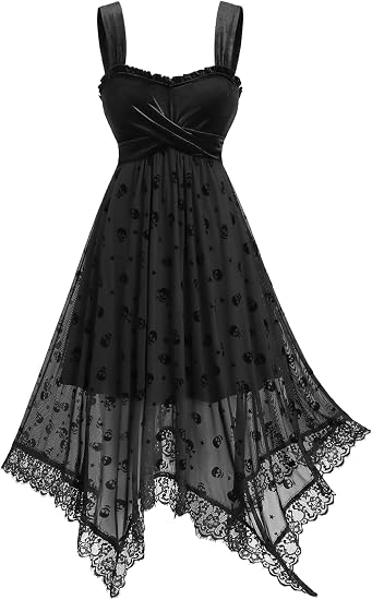 DRESSFO Gothic Vintage Skull Stars Mesh Flocking Crossover Velvet Patchwork Asymmetric Dress - sugar skull dress