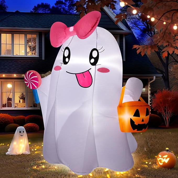 zukakii 5FT Halloween Inflatables Ghost, Cute Halloween Decorations Outdoor Blow Up Yard Decorations with Built-in Bright LED Lights Pumpkin Lollipop Bow Blow-ups for Indoor Outdoor Holiday Party