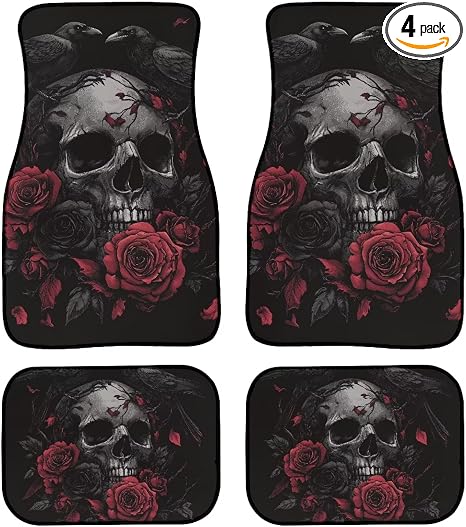 Poceacles Car Floor Mats Full Set of 4 Car Front and Rear Auto Floor Mat Universal All Weather Protection Fit for SUV Van Sedan Truck, Gothic Skull Red Rose Crow Black - skull floor mat
