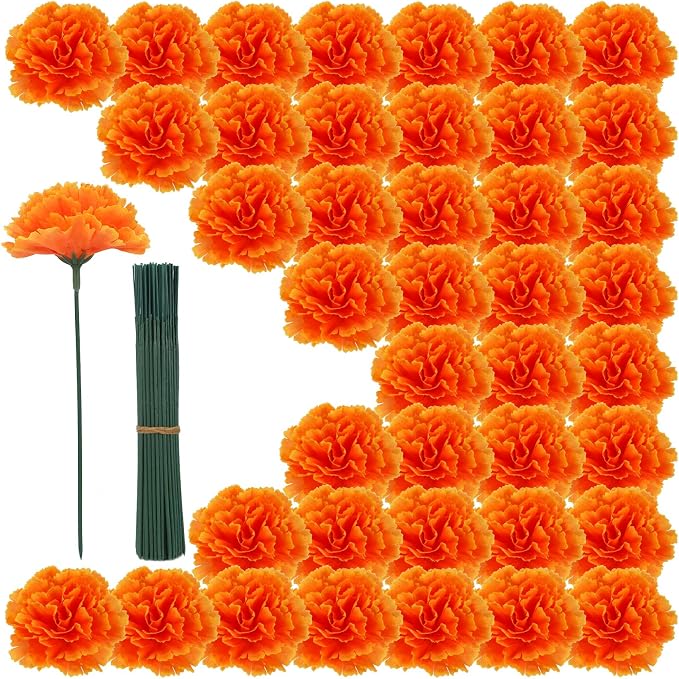 Geegoods 100PCS Orange Artificial Marigold Flower Heads with Stems - skull wreath