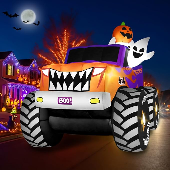 zukakii 8FT Long Halloween Inflatables Decoration Outdoor Monster Truck Car with Ghosts & Pumpkin, Giant Halloween Blow Up Yard Decorations Huge Blowups Built-in LED Light Strong Blower for Festival - skull inflatable