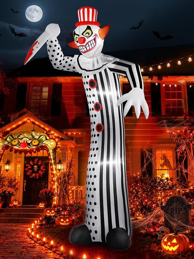 zukakii 12Ft Giant Halloween Inflatables Creepy Clown, Huge Halloween Decorations Outdoor Blow Up Yard Decorations Built-in Full-Body LED Light & Strong Blower for Home Decor Party Lawn - skull inflatable