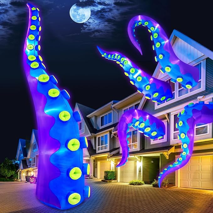 1PCS 14FT Giant Halloween Inflatables Octopus Tentacles, Huge Halloween Decorations Outdoor Build-in LED Lights Vivid Spooky Blow Up Yard Decoration Large Blowups Holiday Lawn Party Yard -Style B - skull inflatable