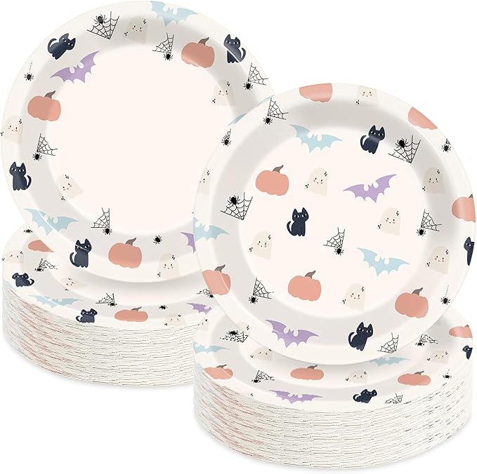 48 Pcs Pastel Halloween Paper Plates Bat Boo Ghost Pumpkin Party Decoration Supplies Cute Halloween Party Disposable Dinner Dessert Plates for Happy Boo Day Birthday Baby Shower Favors - skull plate