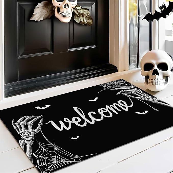 Halloween Skull Doormat ， 29" x 17" Non-Slip Rubber Halloween Welcome Mat with Bats Spider Web Design for Indoor/Outdoor Entryway Halloween Decor - skull floor mat