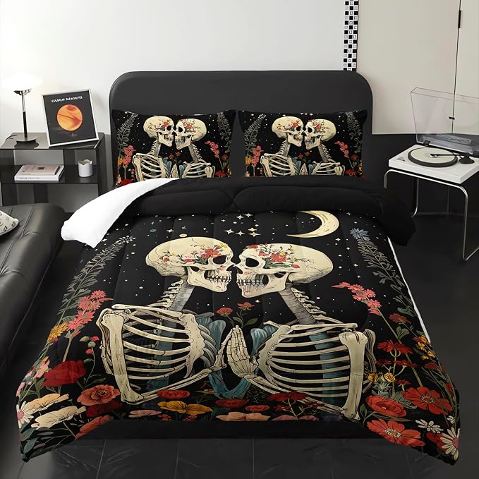 Black Gothic Skull Flower Queen Comforter Set，Quilt Queen Size Bedding Set Gothic，with 1 Comforter with 2 Pillow Case，Skull Room Decor for Bedroom