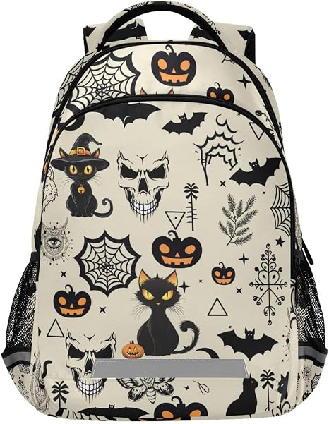 Halloween Cat Bats Skull Gothic School Backpack Bookbag For Girls Boys Elementary - skull backpack