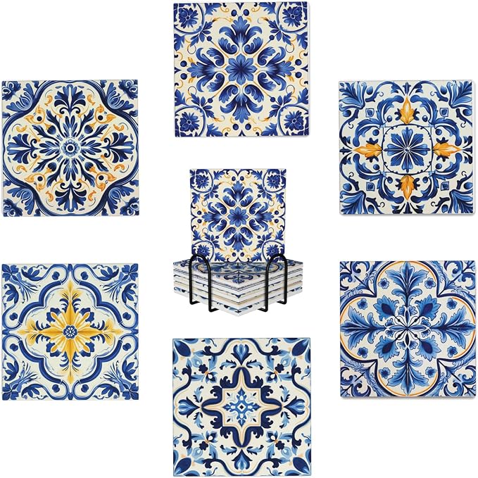 Coaster for Drinks Set of 6, Blue Vintage Spanish Ceramic Floral Absorbent Round Ceramic Stone Mat, with Cork Base and Metal Holder, Gift for Housewarming Room Bar Decor (Azulejo Tile-1) - skull coaster