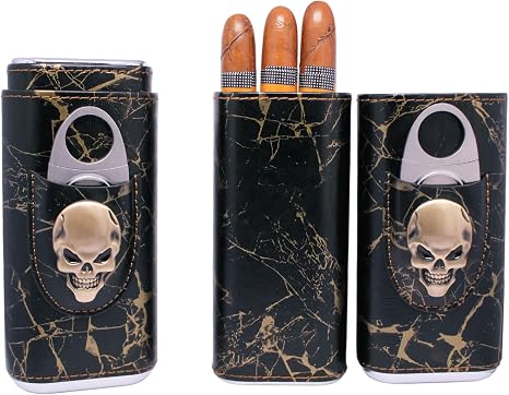 AMANCY Skull Decor 3 Cigar Travel Case, Portable Cigar Humidor Box with Cigar Cutter, Unique Cigar Gifts for Men - skull ashtray