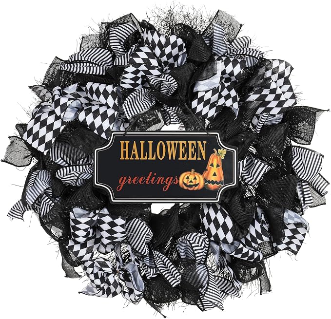 Halloween Wreath, 26 Inch, Black & White Checkered Bow - skull wreath