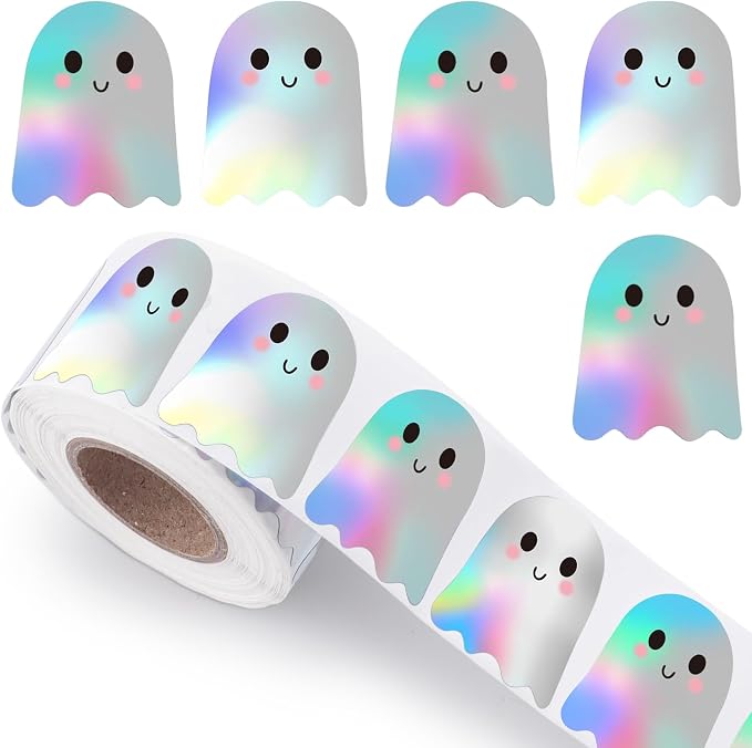 Ghost Stickers, Halloween Stickers for Kids, 500Pcs 1.3 inch Cute Boo Ghost Holographic Sticker Roll Decorative Sparkly Self-Adhesive Sticker Decals for Halloween Party Favor Envelope Decor Supplies - skull sticker
