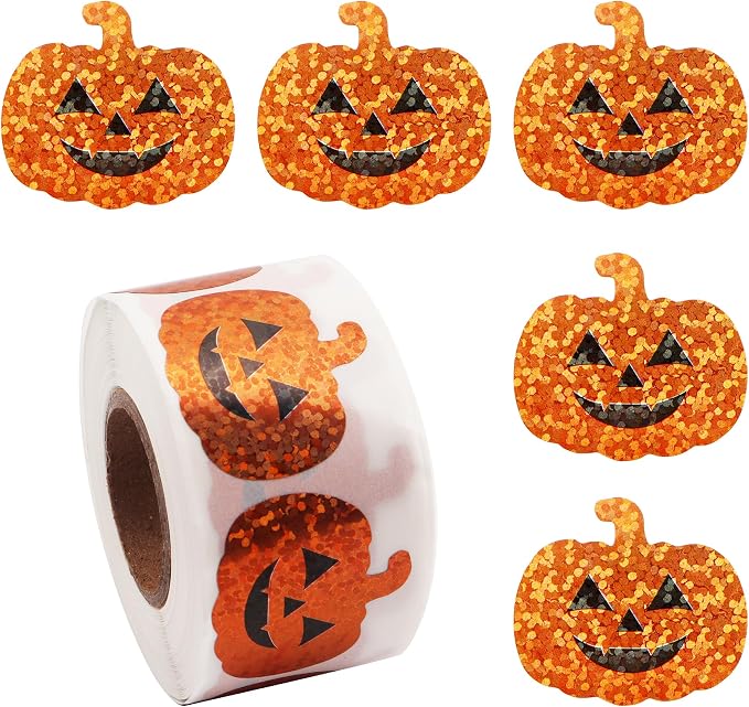 Pumpkin Stickers, 1.5 Inch Halloween Stickers for Kids,500Pcs Pumpkin Decorating Sticker Holographic Sticker Roll Sparkly Self-Adhesive Face Stickerss for Halloween Party Favor Envelope Decor Supplies - skull sticker