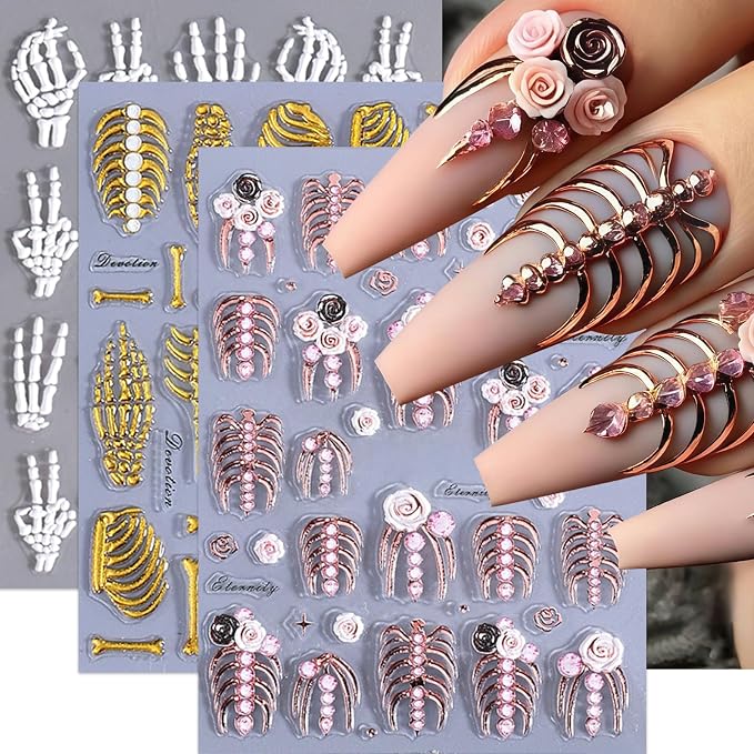 3 Sheets 5D Embossed Skull Nail Stickers for Nail Art Skeleton Nail Decals White Hand Bones Finger Skeleton Halloween Nail Art Supplies Gothic Nail Sticker for Women Halloween Nails Tips Decoration - skull sticker