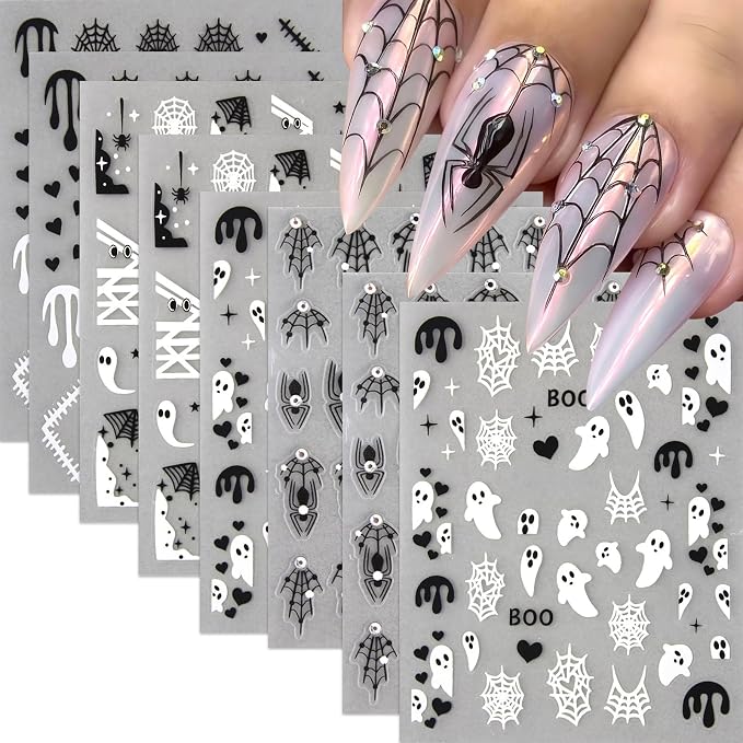 8 Sheets Spider Nail Art Stickers Halloween Ghost Nail Decals 3D Self-Adhesive Black White Heart Spider Web and Rhinestones Spiders Nail Design Acrylic Nails Decoration for Women Holiday Nail Charm - skull sticker