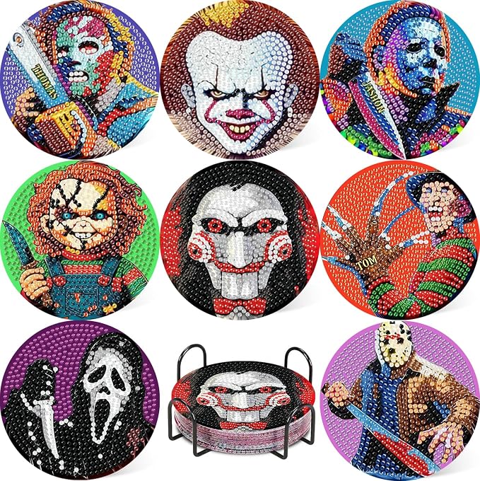 8 Pcs Horror Diamond Art Coasters Kits, Diamond Painting Coasters Kits - skull coaster