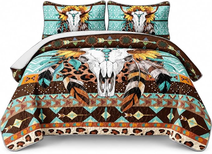 AILONEN Boys Cow Skull Quilt Set King Size, Sunflower Bull Skull Lightweight Coverlet Set All Season,Western Blue Brown Microfiber Bed Coverlets 3Pcs(1 Quilt,2 Pillowcases) - skull bedding