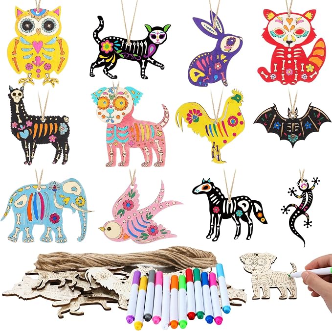 Colingmill 60 Pcs Animal Sugar Skull Wooden Craft DIY Day of The Dead Party - sugar skull ornament