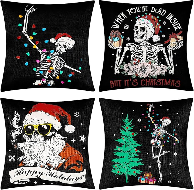 VitalCozy Christmas Skeleton Pillow Covers 18 X18 Inch Set of 4 - skeleton
