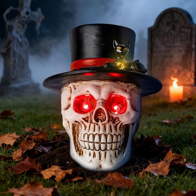 Halloween Skull Outdoor Solar Light, Red Eyes Skull with Hat and Black Cat - skull figurine