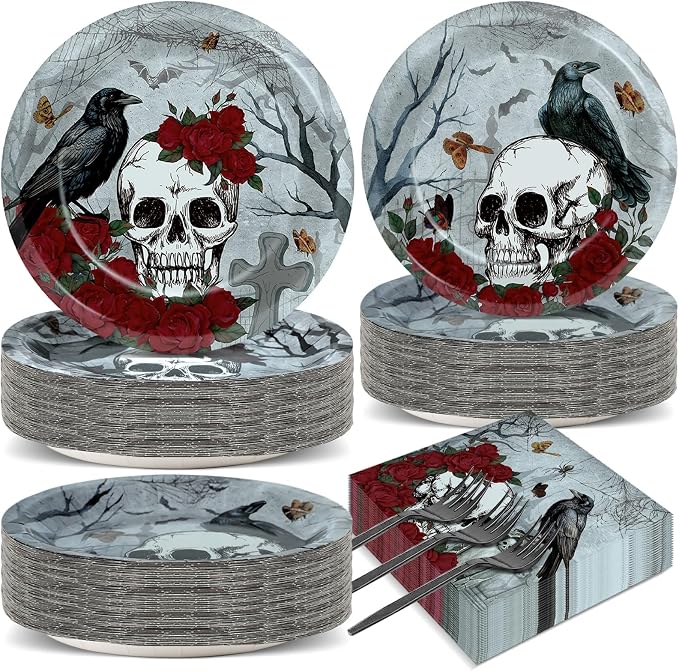 200pcs Halloween Gothic Skull Paper Plates and Napkins Party Decorations - skull plate