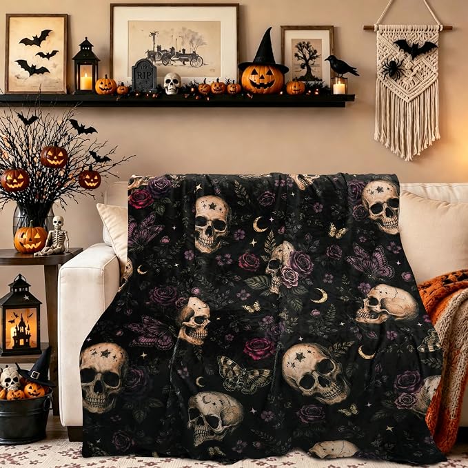 50″x60″ Skull Rose Throw Blanket, Black Gothic Soft Flannel Fleece Blanket, Warm Cozy Dark Romantic Decorative Blanket for Sofa Couch Bed, Halloween Goth Home Decor Gift for Adults Teens