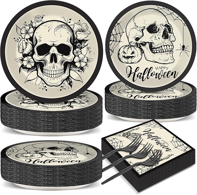 200pcs Halloween Gothic Skull Party Supplies Decoration Gothic Skeleton Paper Plates Napkins Halloween Dessert Tableware Skeleton Day of The Dead Cake Dinnerware Set for Birthday Party Favor Serves 50