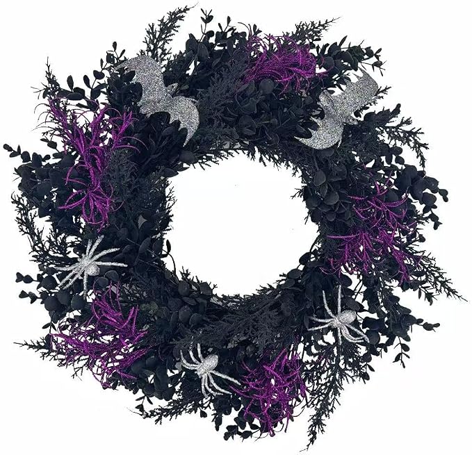 Halloween Wreath for Front Door, 20 Inch Creepy Wreath with Silver Spiders & Bats Purple Plants, Spooky Durable Hanging Decor for Indoor Outdoor Haunted House Party Decorations - skull wreath
