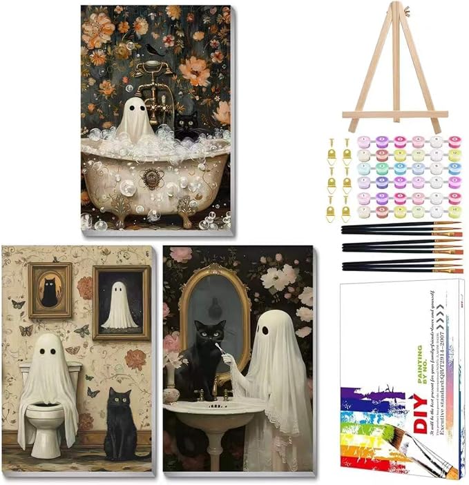 Mandun Halloween Paint by Numbers Kit for Adults, 3 Pack, 7.8x11.8 inch - skull painting