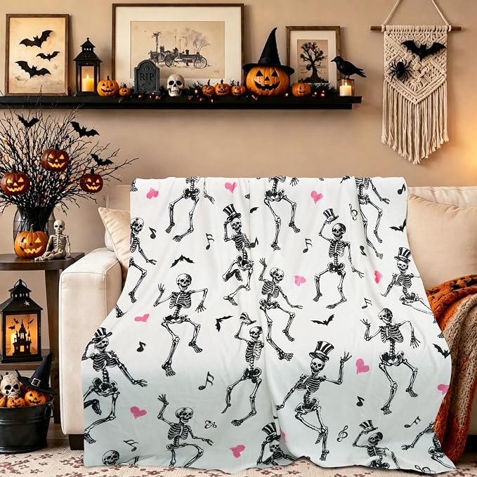 50″x60″ Halloween Skull Throw Blanket, Black Soft Flannel Fleece Blanket, Spooky Warm Cozy Decorative Blanket for Sofa Couch Chair, Gothic Halloween Home Decor Gift for Adults Teens