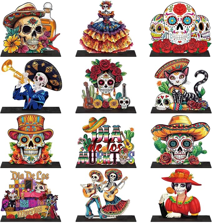 Yalikop 12 Pcs Day of the Dead Table Decor Wooden Sugar Skull for Altar - skull figurine