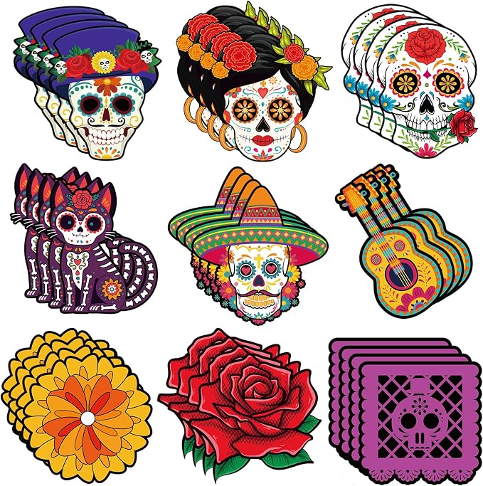 Konsait Dia De Los Muertos Decorations Paper Cutous - 36Pcs Day of the Dead Flowers Sugar Skull Cutout for Altar Wall Crafts, Bulletin Board and More, 9 Designs - skull carpet