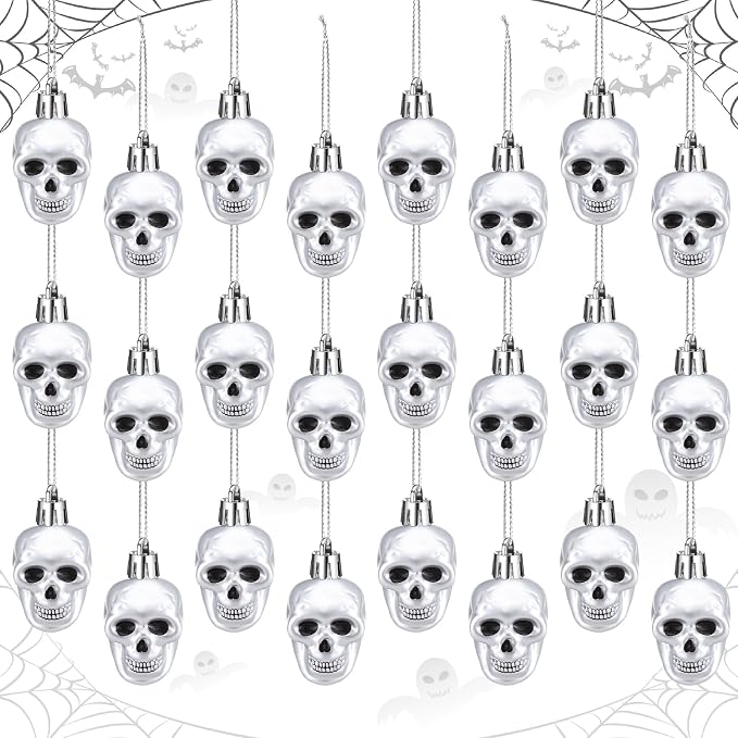 Chunful 24 Pcs Halloween Skull Hanging Ornaments, 1.57in Plastic Tree Decor - sugar skull ornament