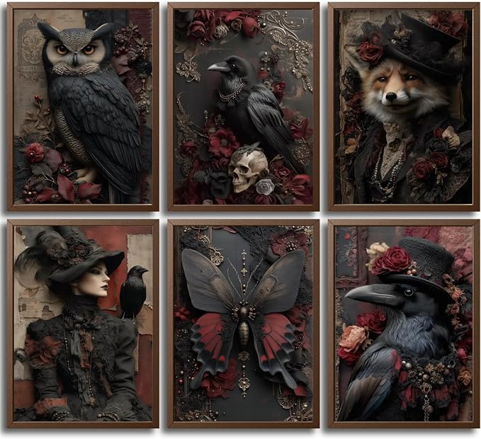 Gothic Canvas Wall Art Halloween Witchy Aesthetic Posters Dark Academia Decor Pictures Romantic Rose Crow Skull Painting Prints Artwork for Living Room Bedroom（Unframed）