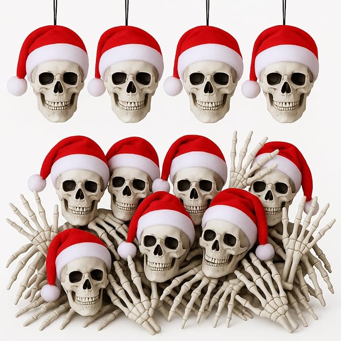 Soulchen 24 Pcs Gothic Skull Ornaments Santa Hat Skeleton Head Hand Set - sugar skull ornament