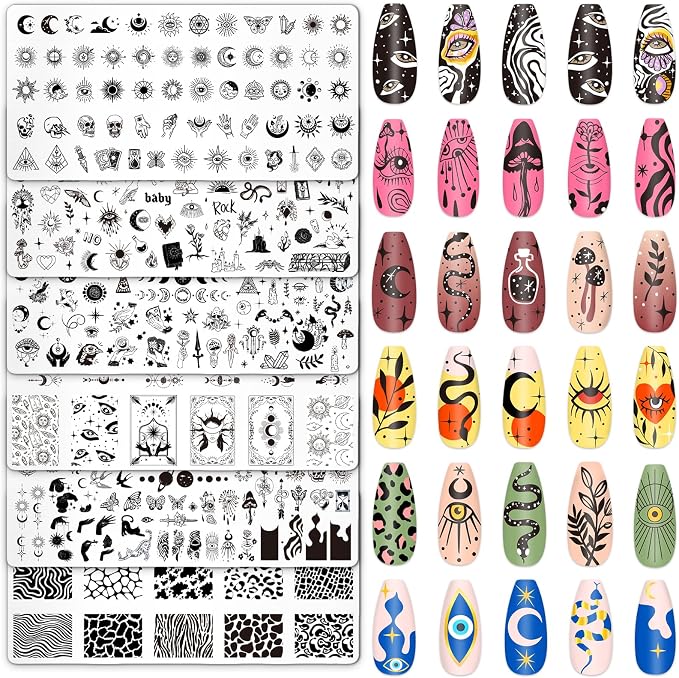 Whaline 6 Pcs Gothic Halloween Nail Plates Stamping Set Skull Evil Eye Moon Stamp Templates Halloween Nail Art Plates for DIY Print Manicure Salon Design - skull plate