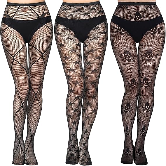 Buauty 3 Pairs Lace Patterned Fishnet Tights for Women, Black Fishnets Leggings Lace Tights - skull leggings