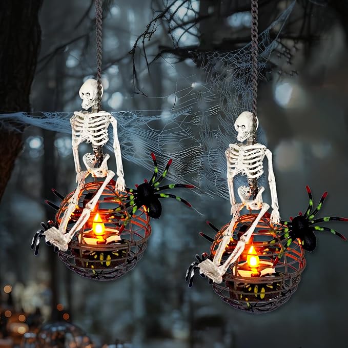 2 Pc Solar Halloween Hanging Ball Decor, Skull Lights Outdoor