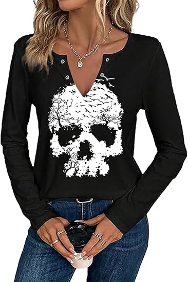 Vintage Halloween Tshirt Women Salem Witch Skull Ghost Graphic Tees Notched V Neck Long Sleeve Shirt Casual Fall Tops - skull jacket
