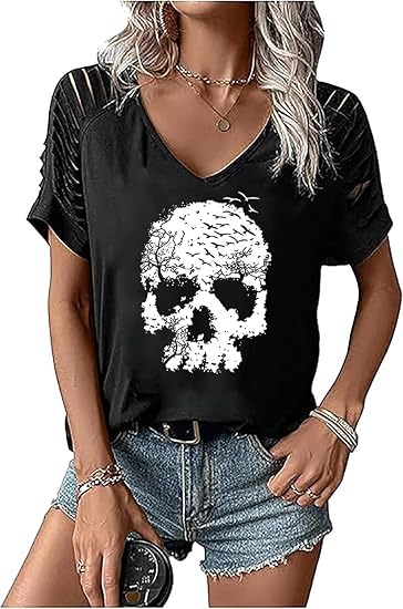 Halloween Tshirt Women Funny Graphic Witch Shirt Cut Out V Neck Skull Tees Casual Short Sleeve Fall Holiday Tops - skull leggings