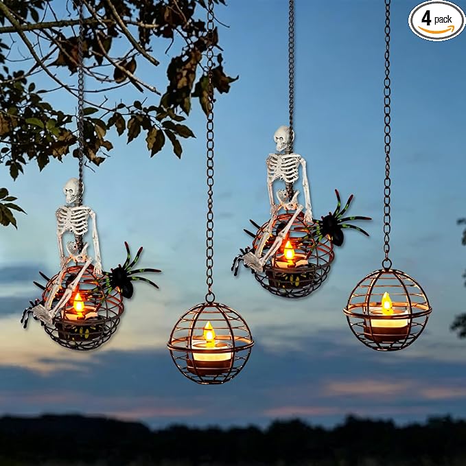 4 Pc Solar Halloween Hanging Ball Decor, Skull Lights Outdoor