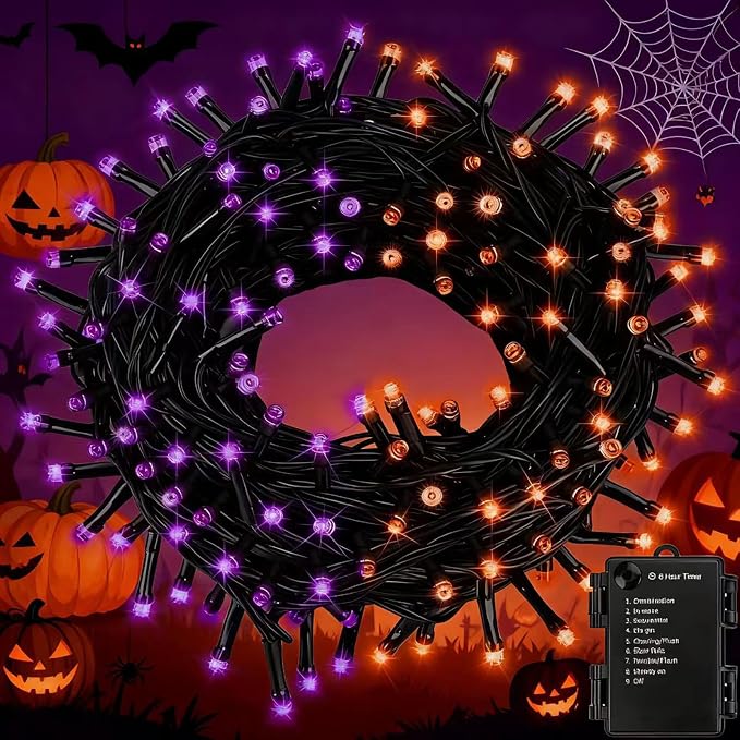 FairyGlim Purple&Orange Halloween Lights, 33FT 100 LED Outdoor String Light with Timer & 8 Modes, 3AA Battery Operated Waterproof String Light for Outdoor and Indoor Halloween Decor - string light