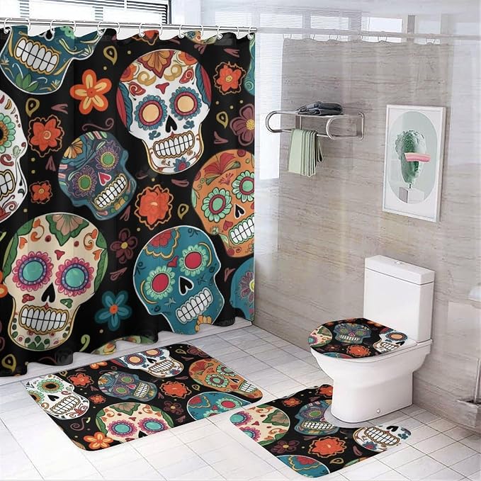 Sugar Skulls Prints Bathroom Set 4-Piece, Waterproof Shower Curtain 72×72, Non-Slip Bath Mat, U-Shaped Rug & Toilet Lid Cover, Rustic Decor for Bathroom Spa Decor