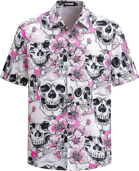 Mens Skull Hawaiian Shirt Short Sleeve Button Down Beach Shirts - skull tshirt