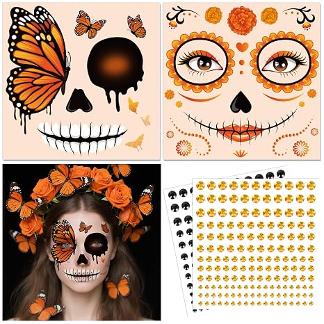 HOWAF Day of the Dead Face Tattoos, Orange Dia De Los Muertos Face Tattoo 2 Marigold Flowers Butterfly Face Temporary Tattoos with 2 Sheets Jewels Sticker for Dia De Los Muertos Costume Accessories - skull sticker