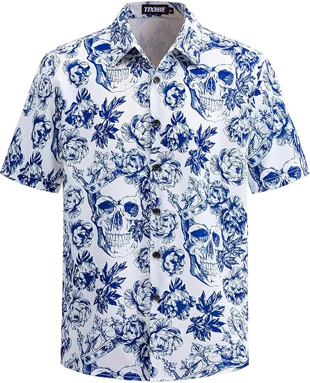 Mens Skull Hawaiian Shirt Short Sleeve Button Down Beach Shirts - skull tshirt