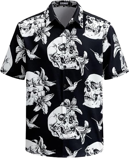 Mens Skull Hawaiian Shirt Short Sleeve Button Down Beach Shirts - skull tshirt