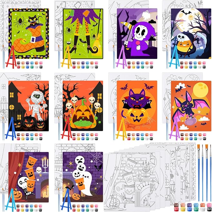 Blosssound 10 Set Halloween Pre Printed Canvas for Painting 5x7", Witch - skull painting
